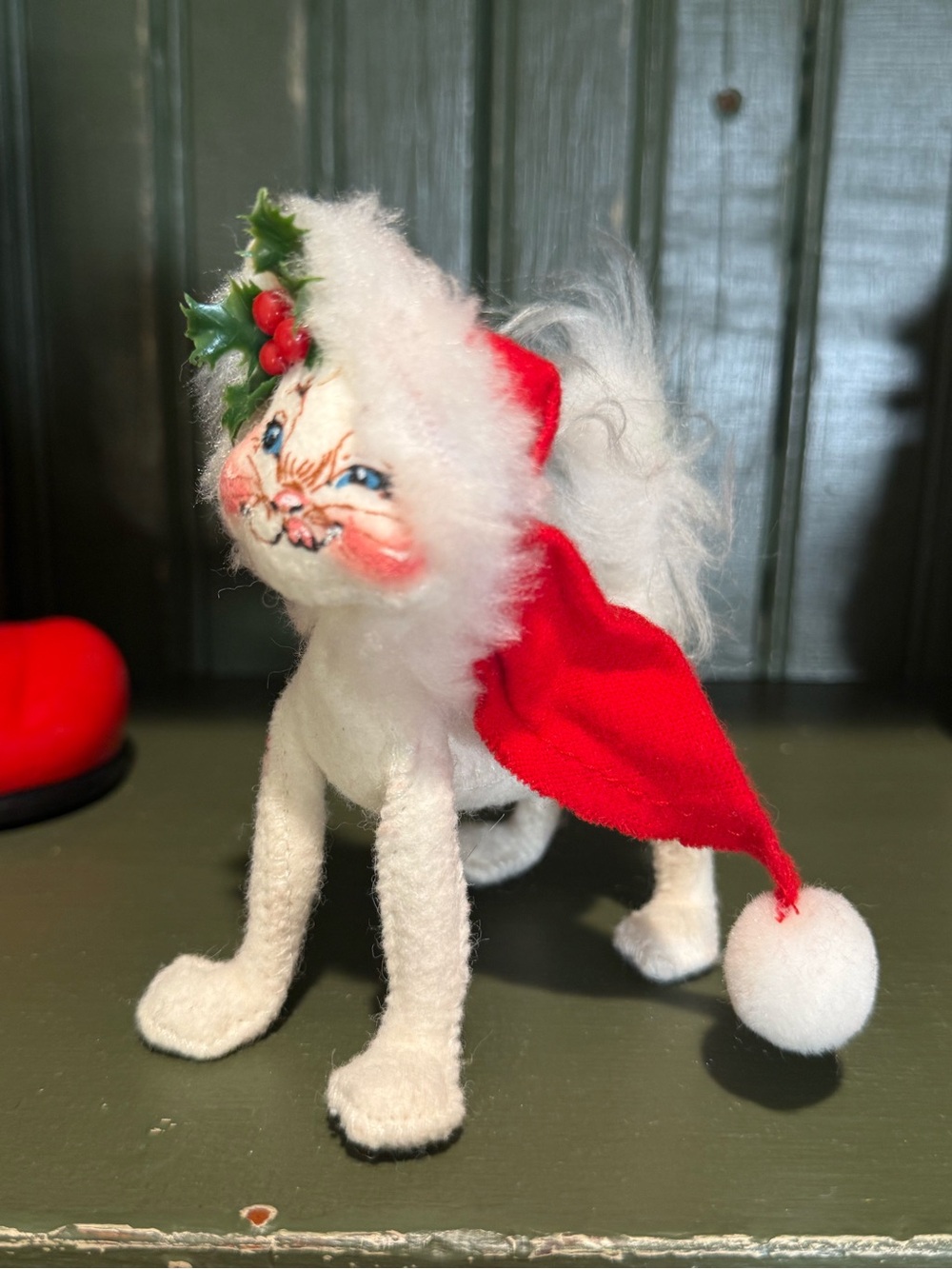 Annalee Festive White Cat Figurine with Red Santa Hat - Holiday Décor